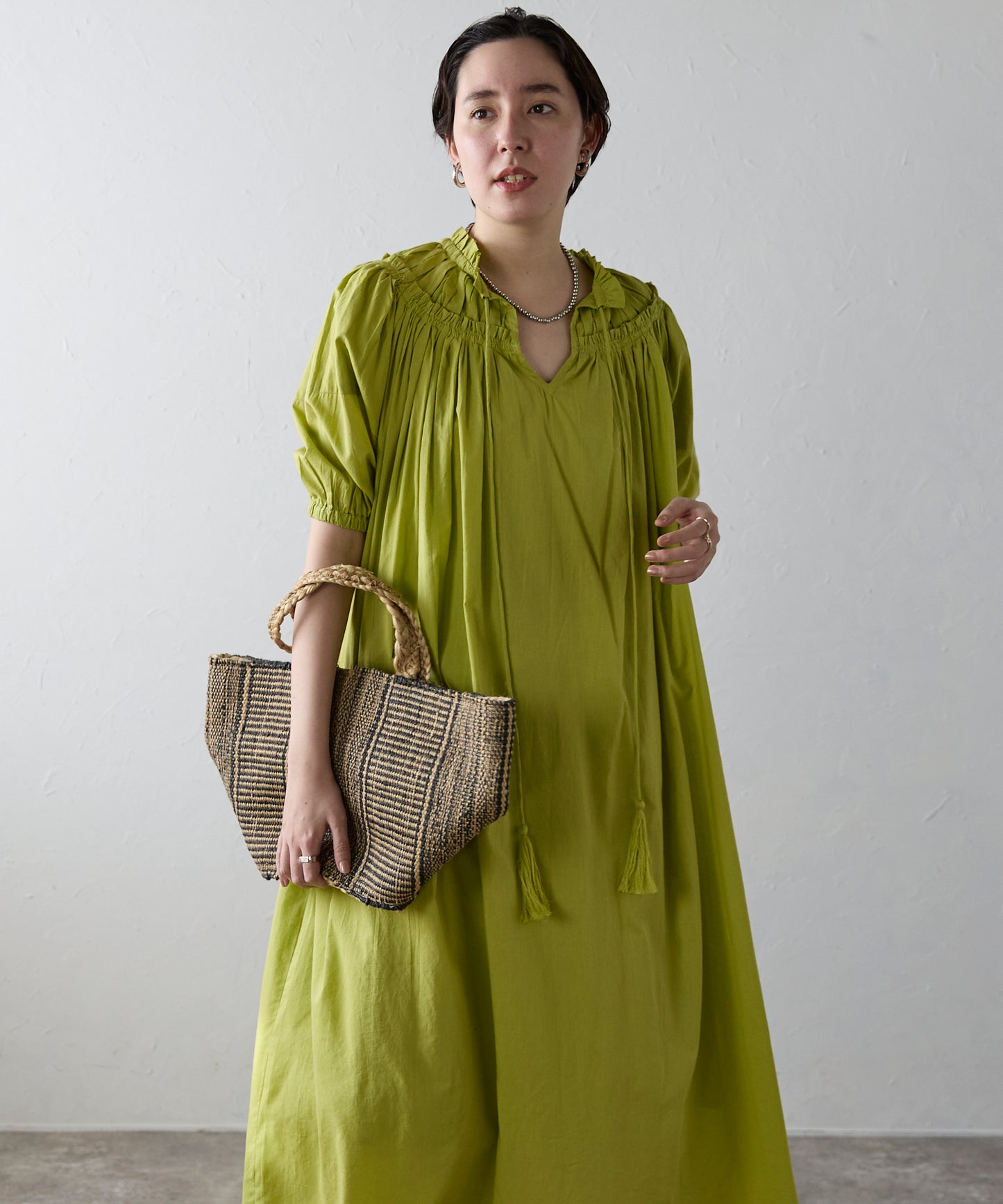 Indian cambric neck gather frill one-piece　インドキャンブリックネックギャザーフリルワンピ