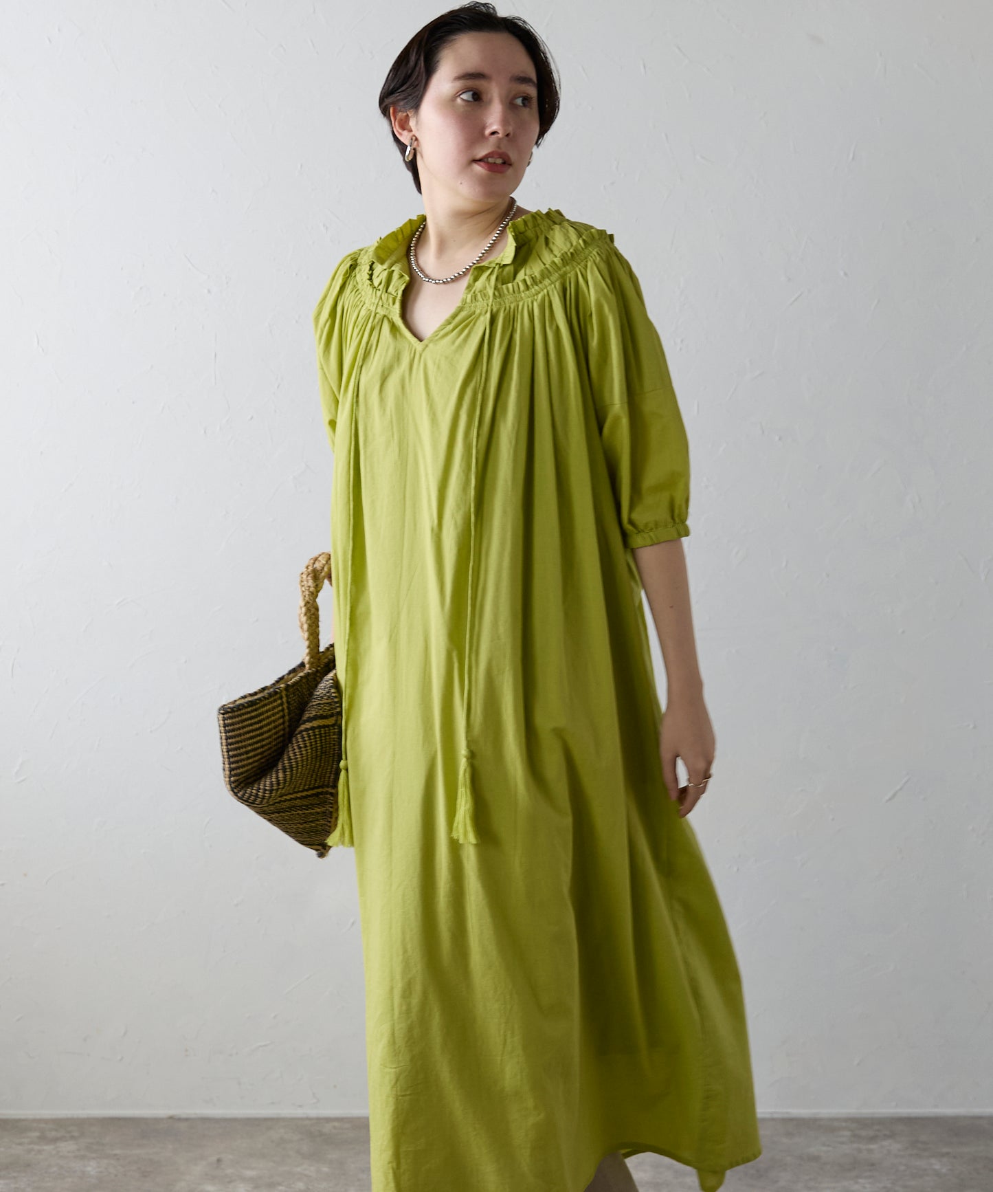 Indian cambric neck gather frill one-piece　インドキャンブリックネックギャザーフリルワンピ