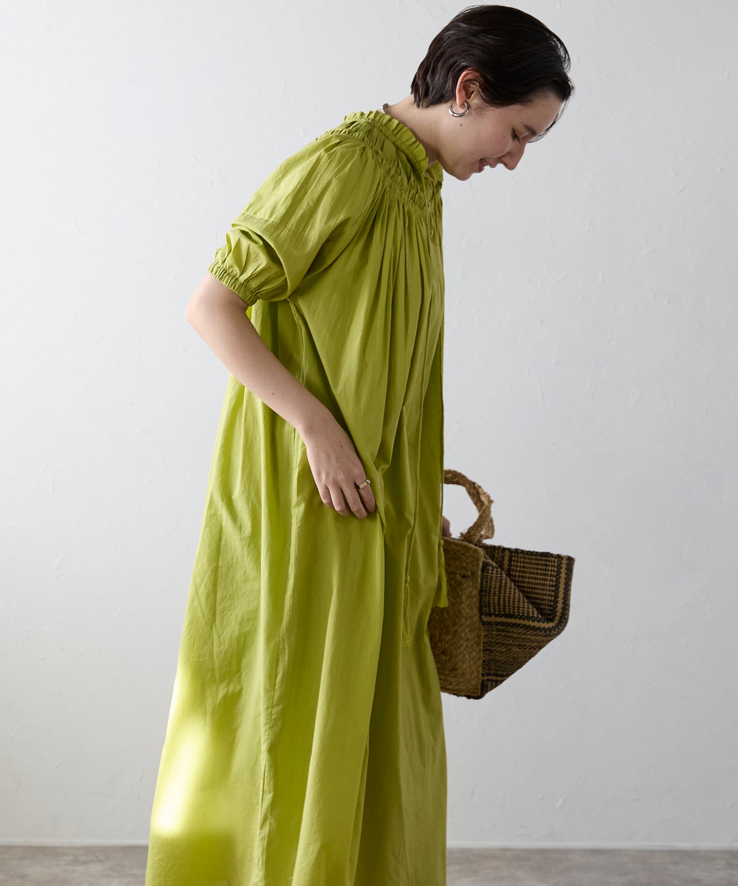 Indian cambric neck gather frill one-piece　インドキャンブリックネックギャザーフリルワンピ