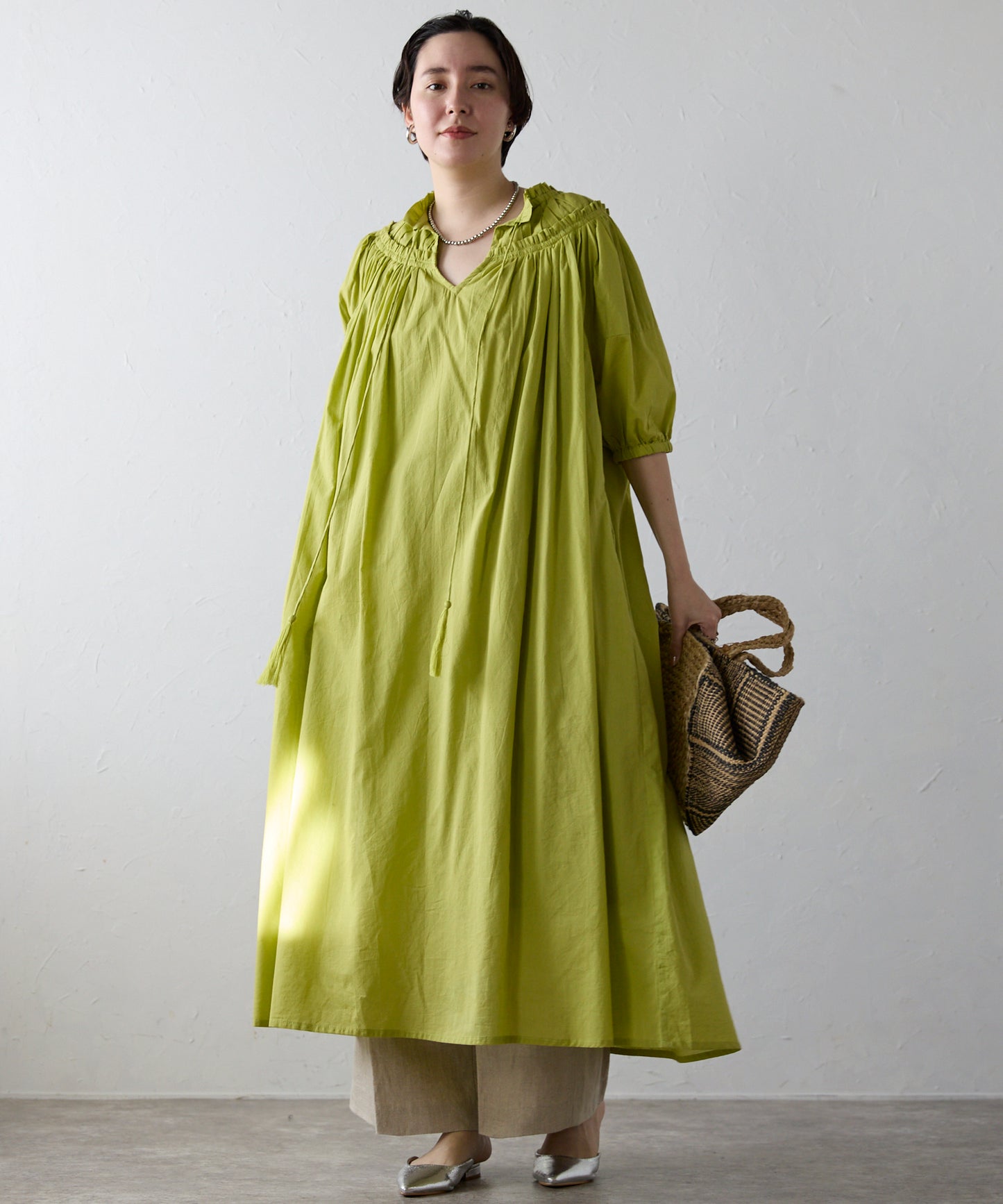 Indian cambric neck gather frill one-piece　インドキャンブリックネックギャザーフリルワンピ