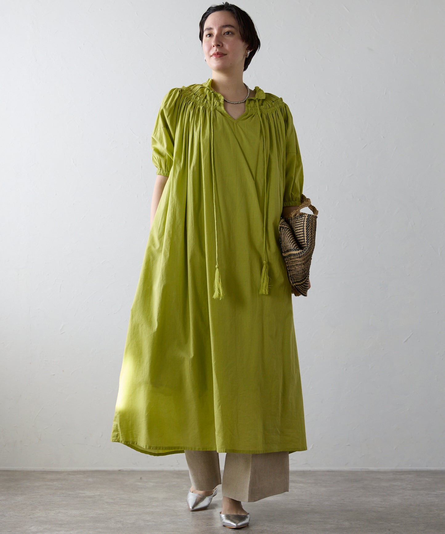 Indian cambric neck gather frill one-piece　インドキャンブリックネックギャザーフリルワンピ