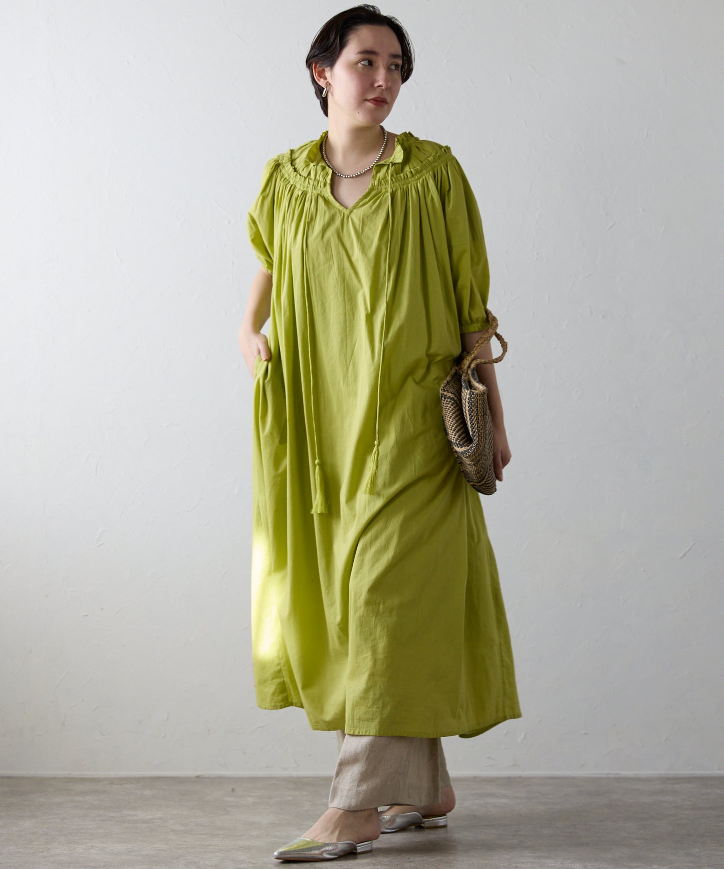 Indian cambric neck gather frill one-piece　インドキャンブリックネックギャザーフリルワンピ