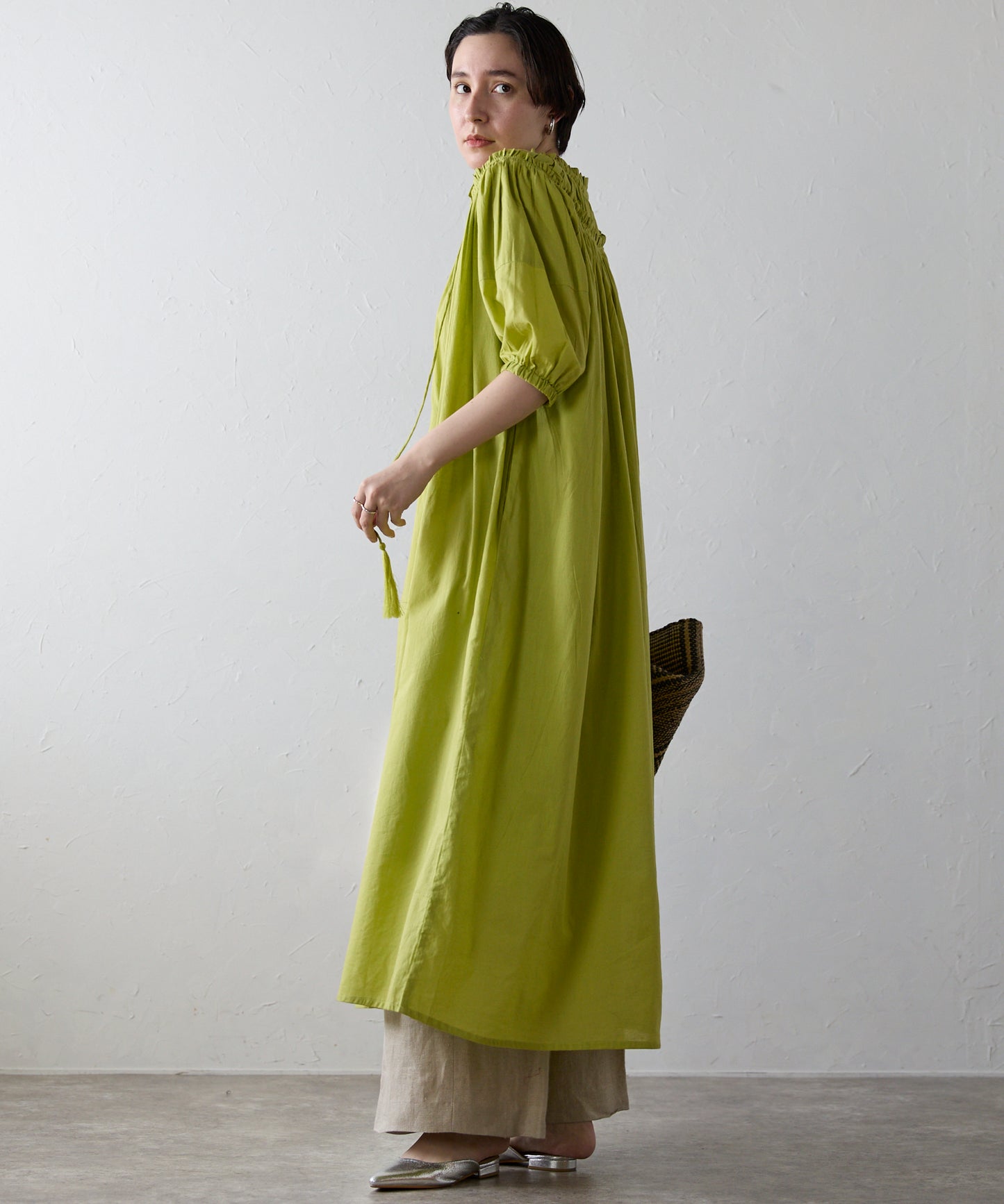 Indian cambric neck gather frill one-piece　インドキャンブリックネックギャザーフリルワンピ