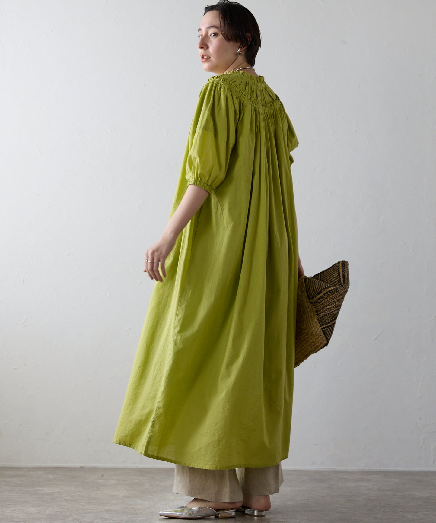 Indian cambric neck gather frill one-piece　インドキャンブリックネックギャザーフリルワンピ