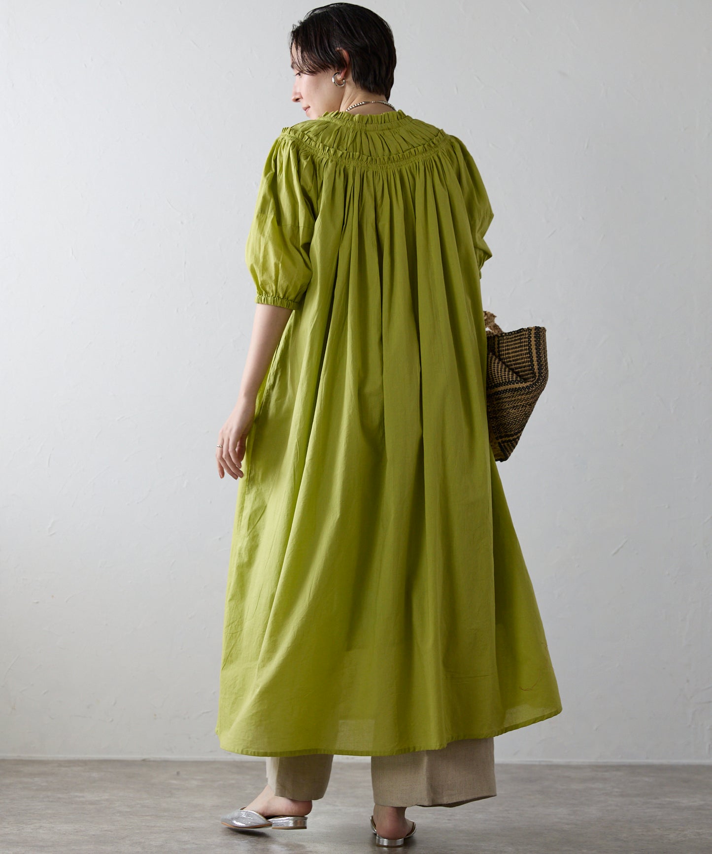 Indian cambric neck gather frill one-piece　インドキャンブリックネックギャザーフリルワンピ