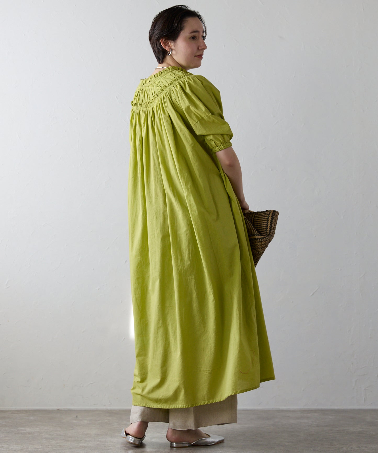Indian cambric neck gather frill one-piece　インドキャンブリックネックギャザーフリルワンピ