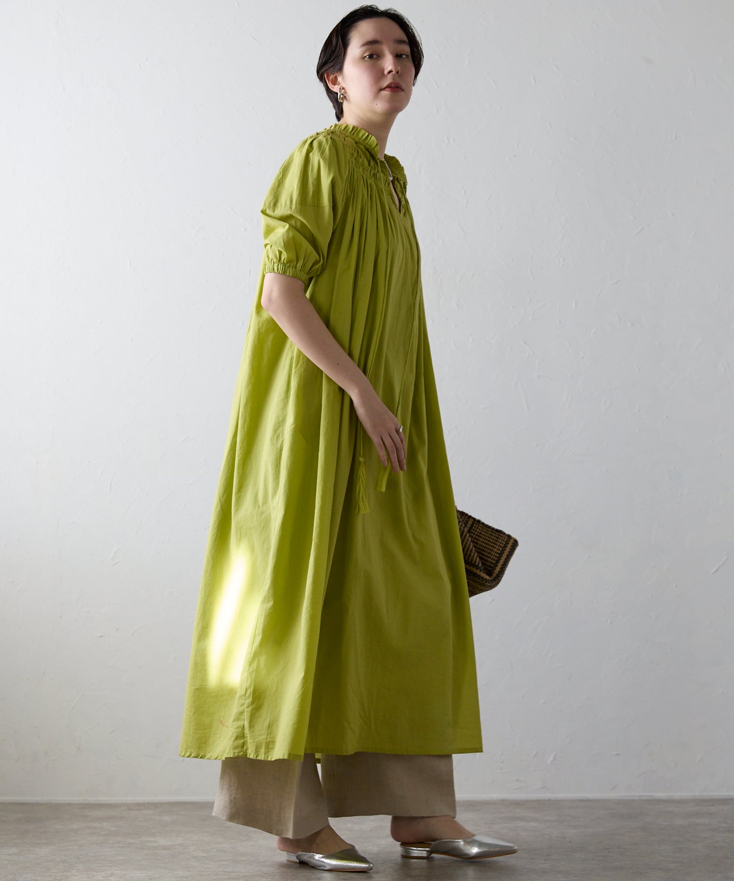 Indian cambric neck gather frill one-piece　インドキャンブリックネックギャザーフリルワンピ
