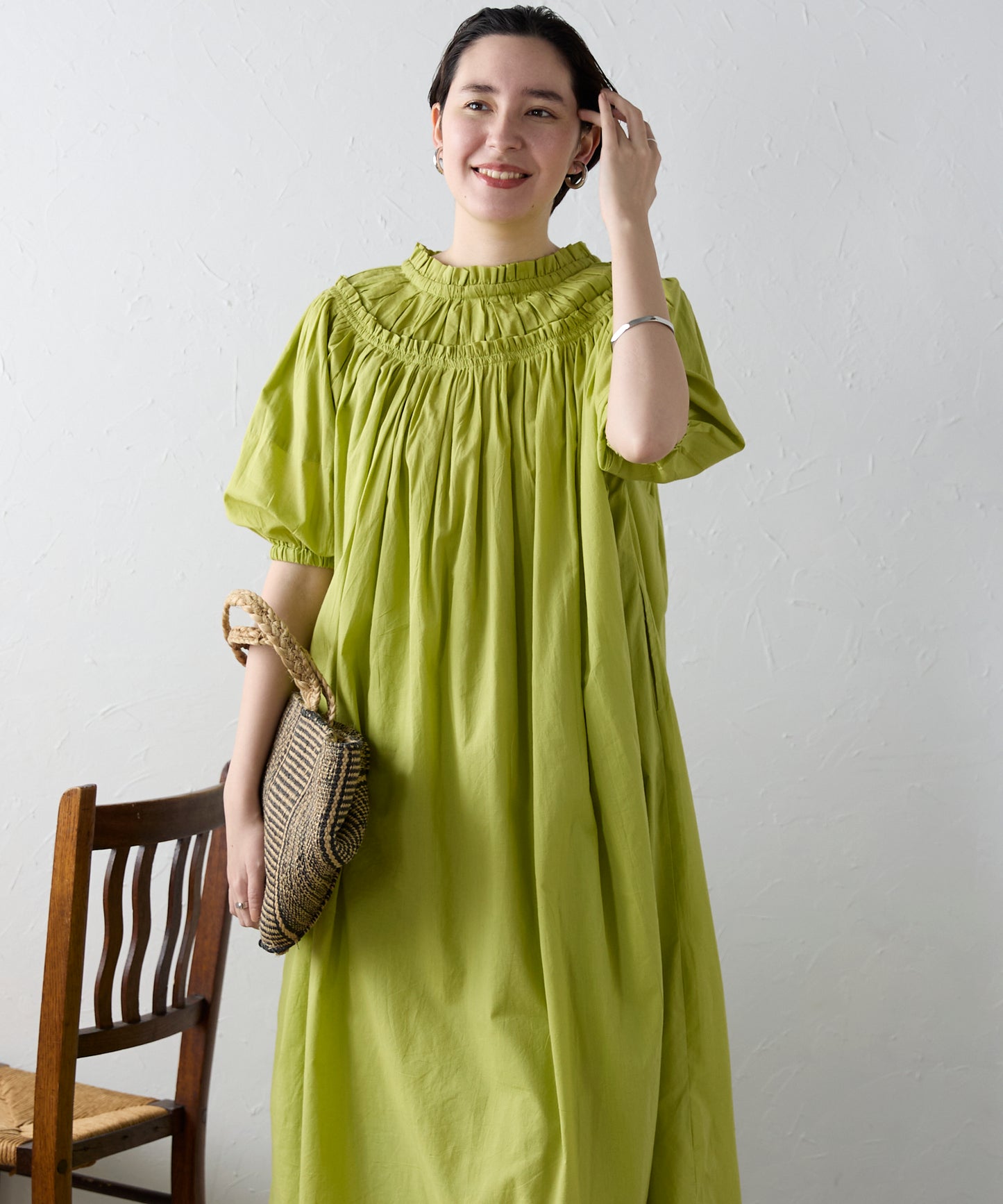 Indian cambric neck gather frill one-piece　インドキャンブリックネックギャザーフリルワンピ