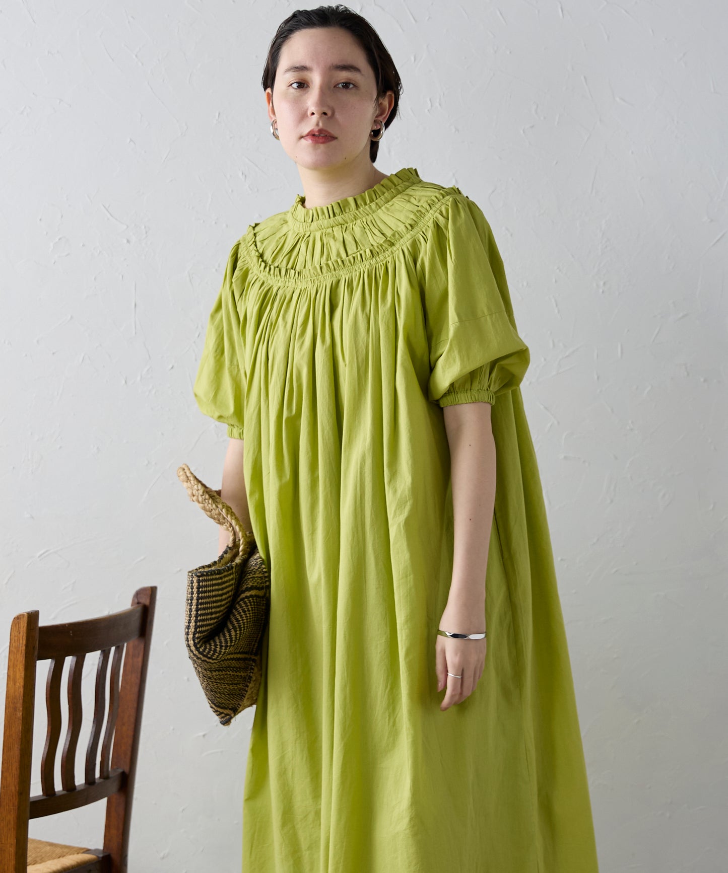 Indian cambric neck gather frill one-piece　インドキャンブリックネックギャザーフリルワンピ