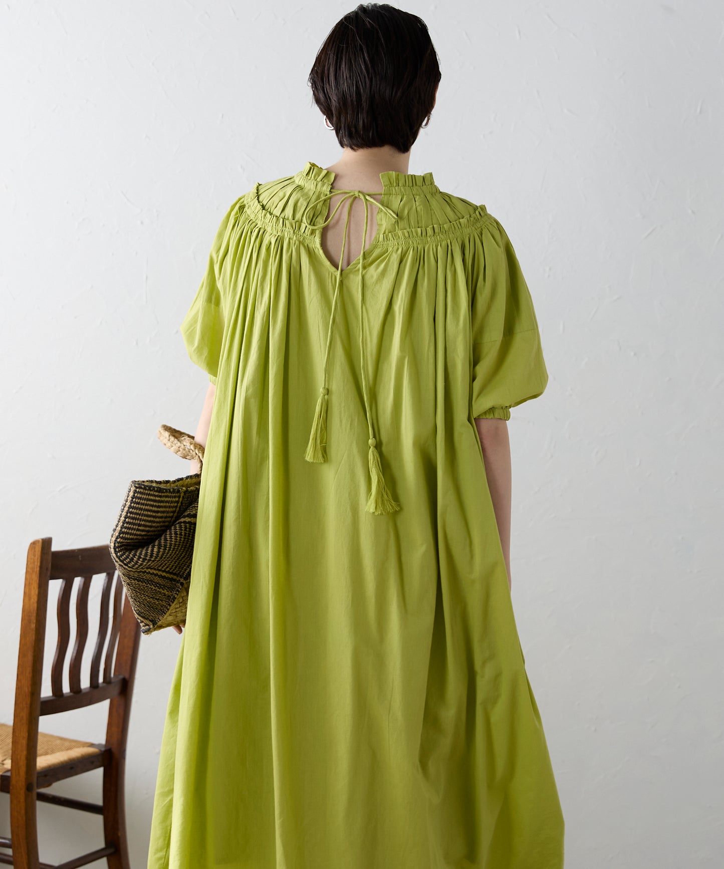Indian cambric neck gather frill one-piece　インドキャンブリックネックギャザーフリルワンピ
