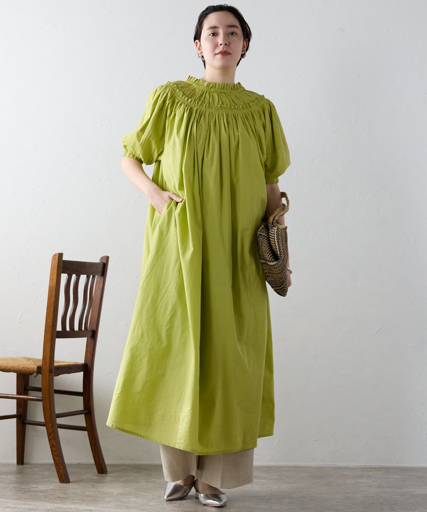 Indian cambric neck gather frill one-piece　インドキャンブリックネックギャザーフリルワンピ