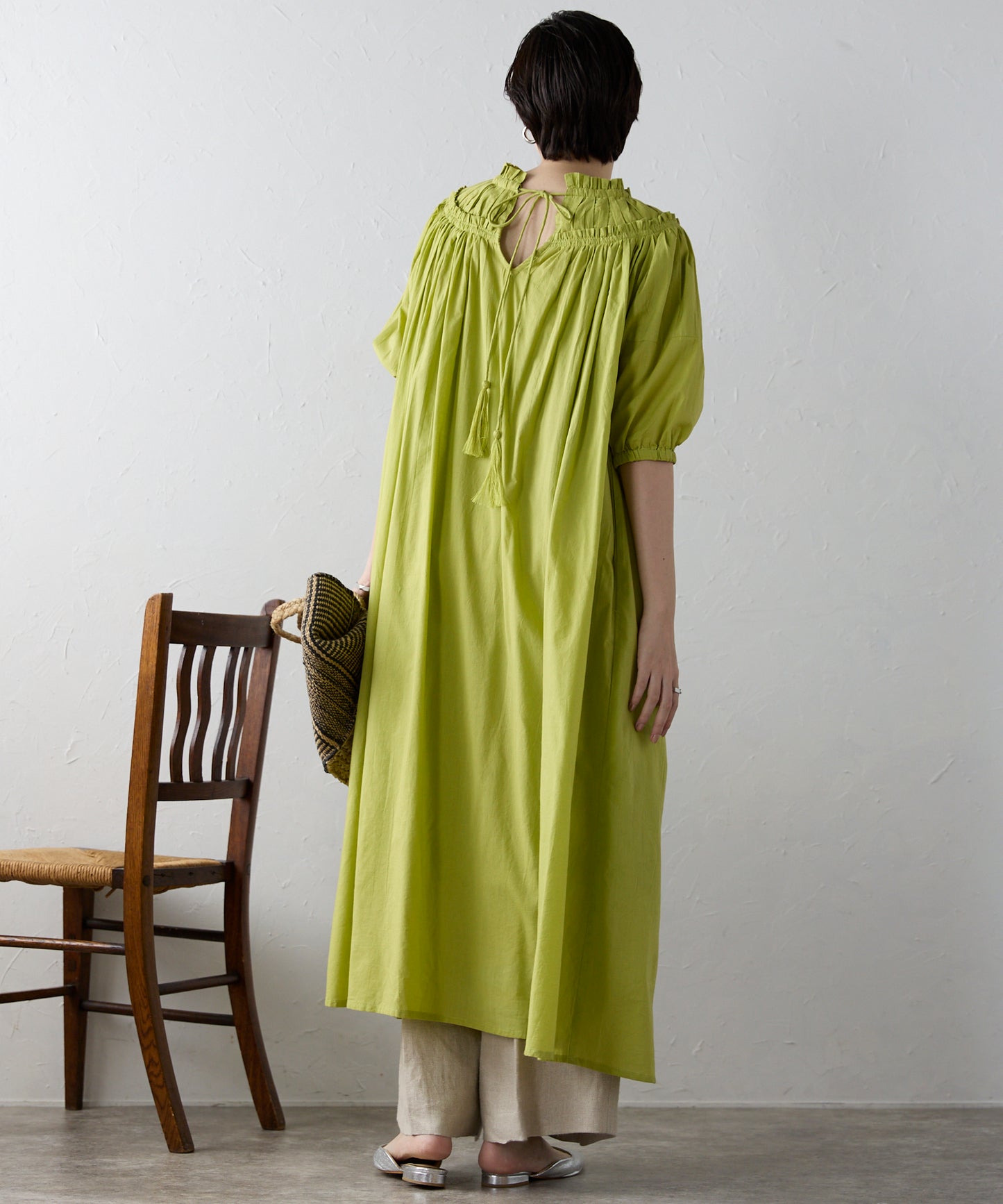 Indian cambric neck gather frill one-piece　インドキャンブリックネックギャザーフリルワンピ