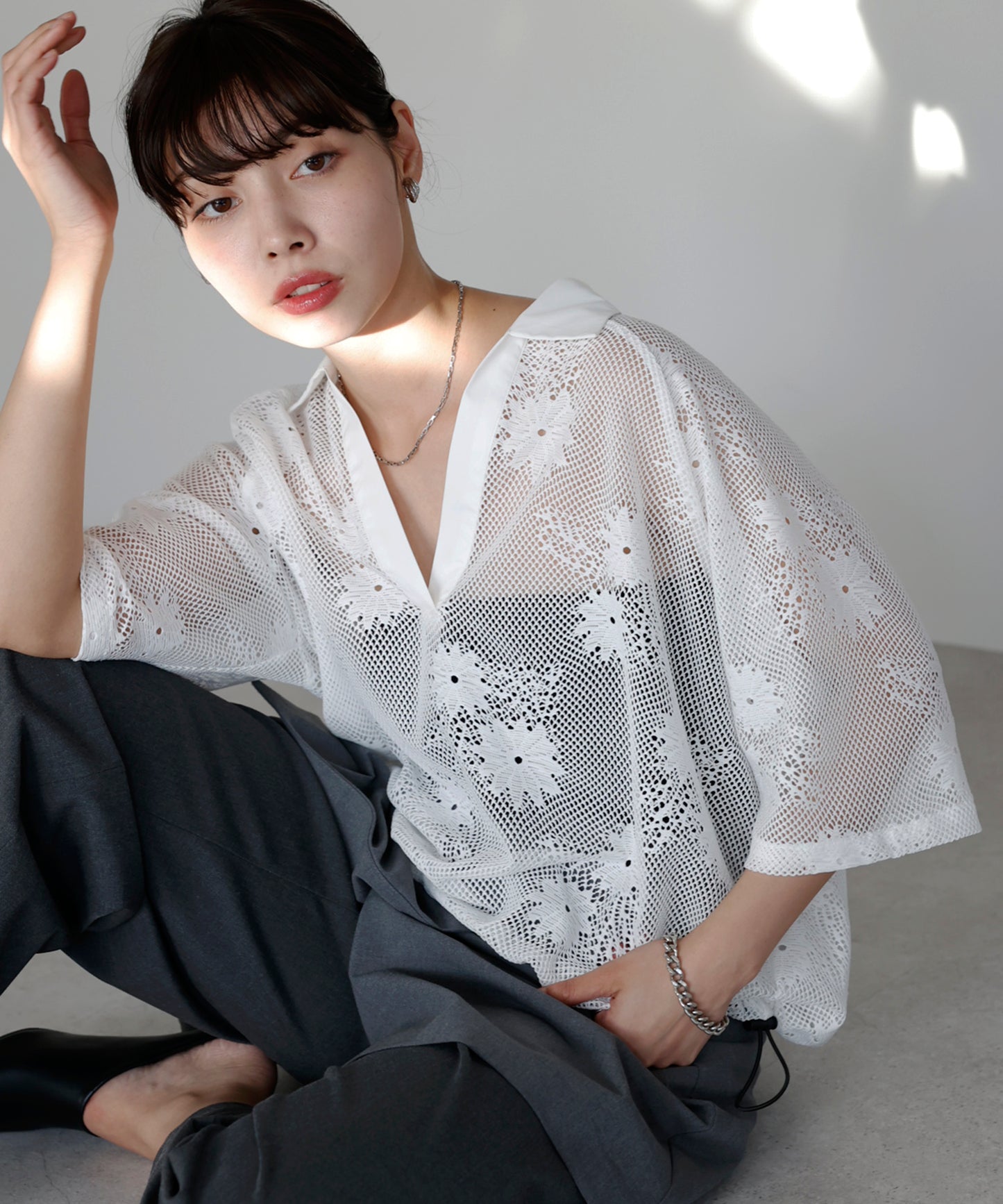 Flower mesh skipper tops フラワーメッシュスキッパートップス