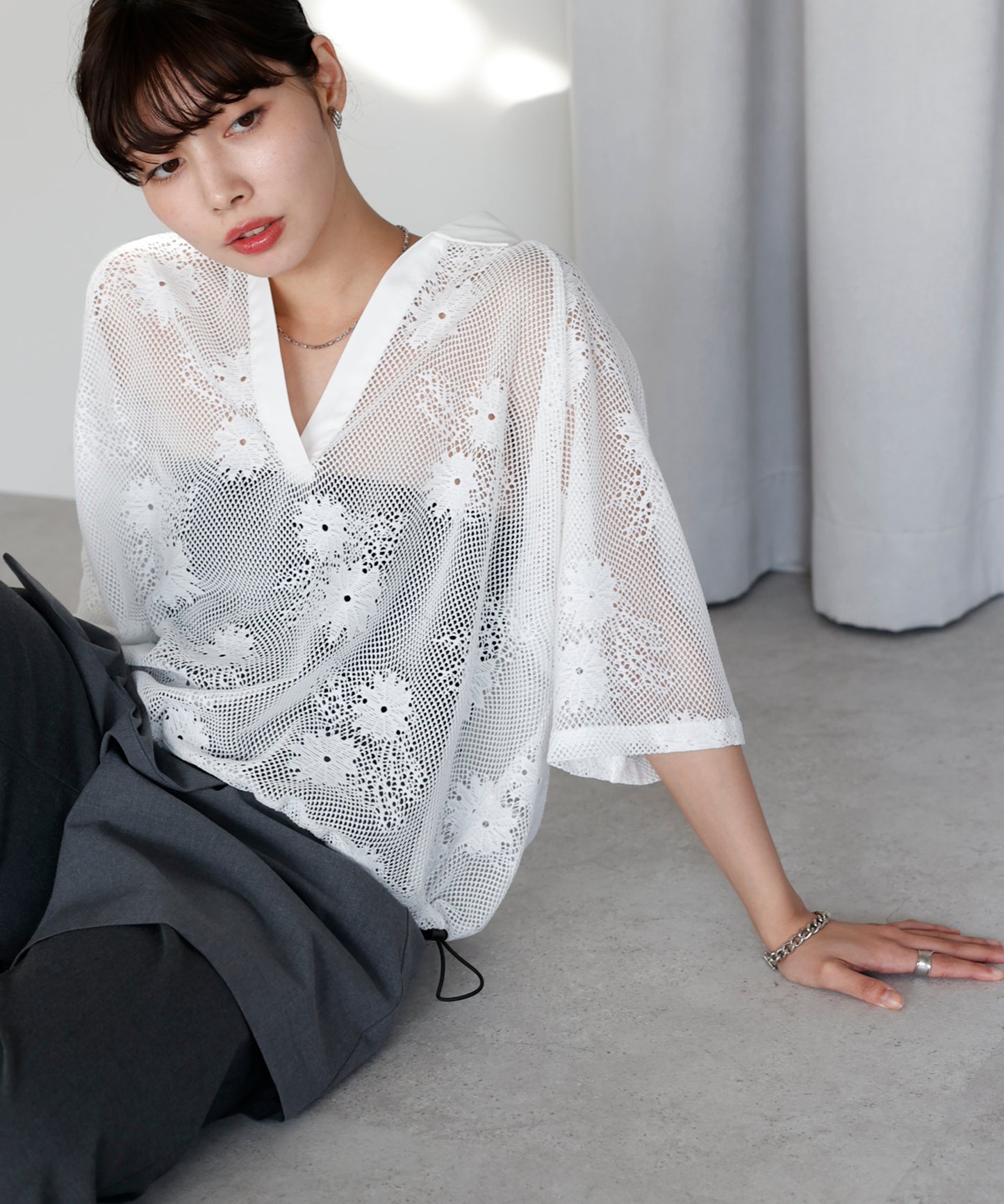 Flower mesh skipper tops フラワーメッシュスキッパートップス