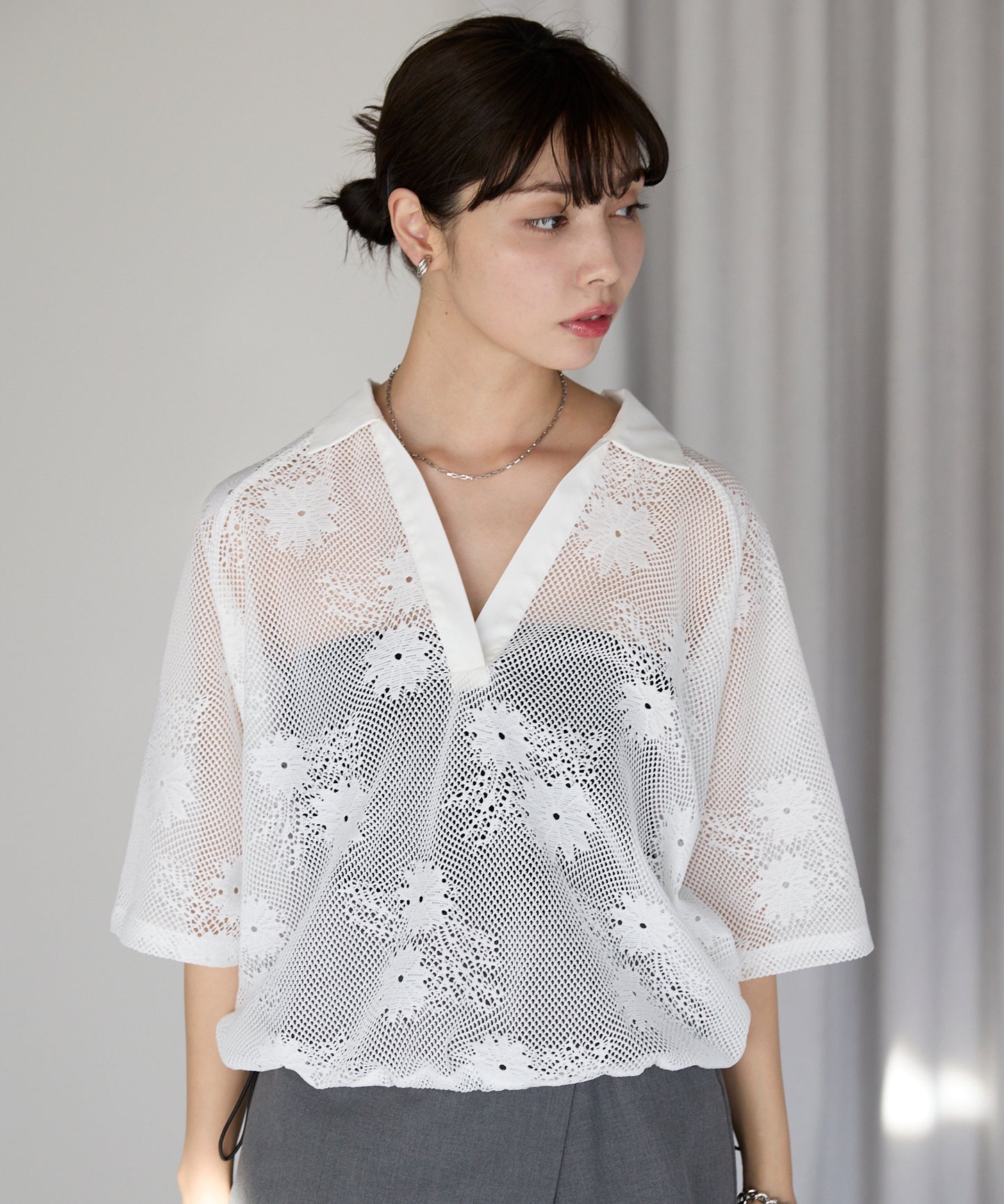 Flower mesh skipper tops フラワーメッシュスキッパートップス