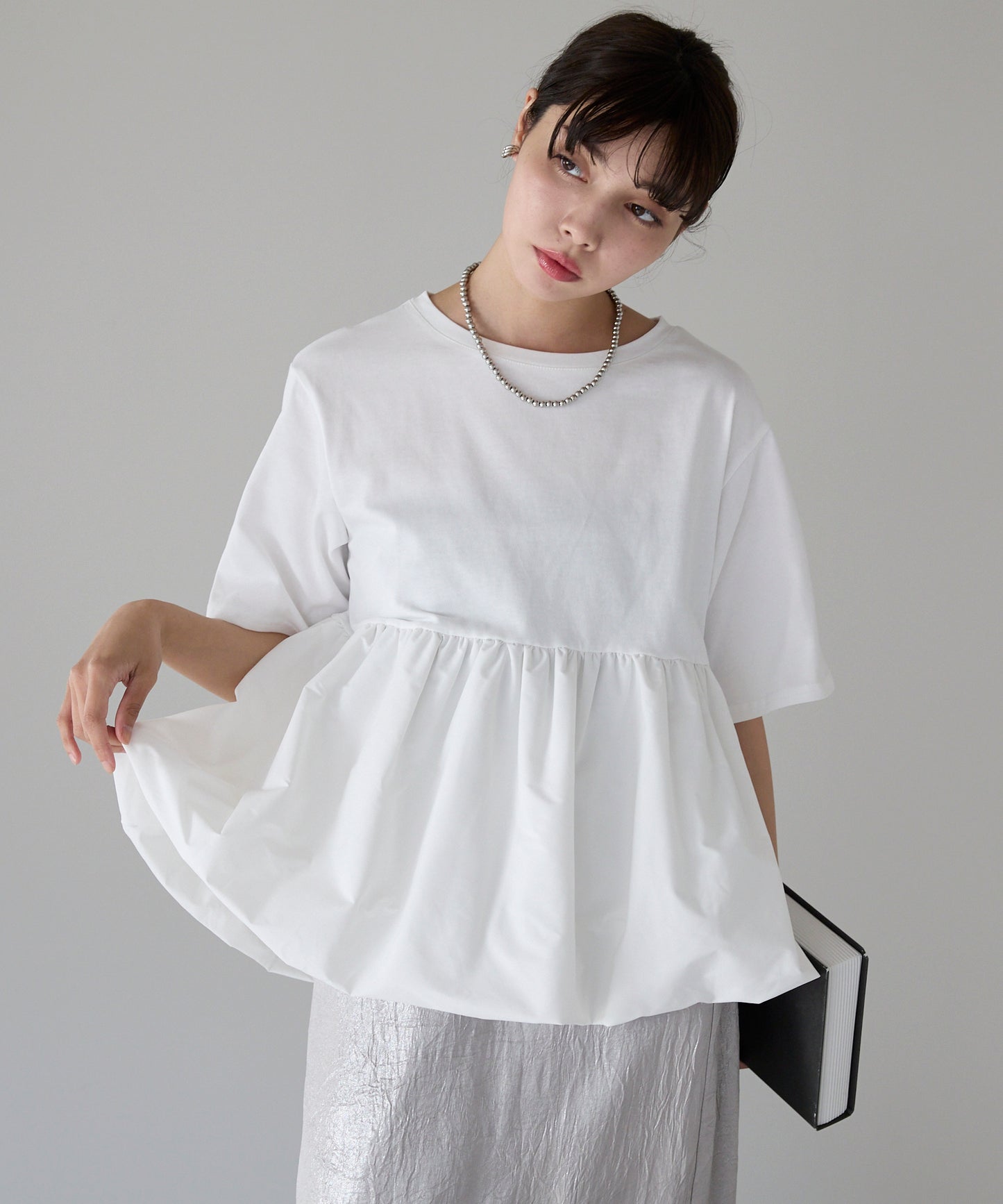 Mixed material balloon hem tops 異素材バルーントップス