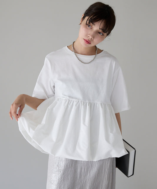 Mixed material balloon hem tops 異素材バルーントップス