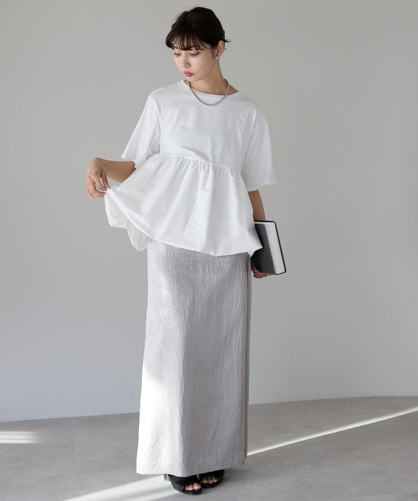 Mixed material balloon hem tops 異素材バルーントップス