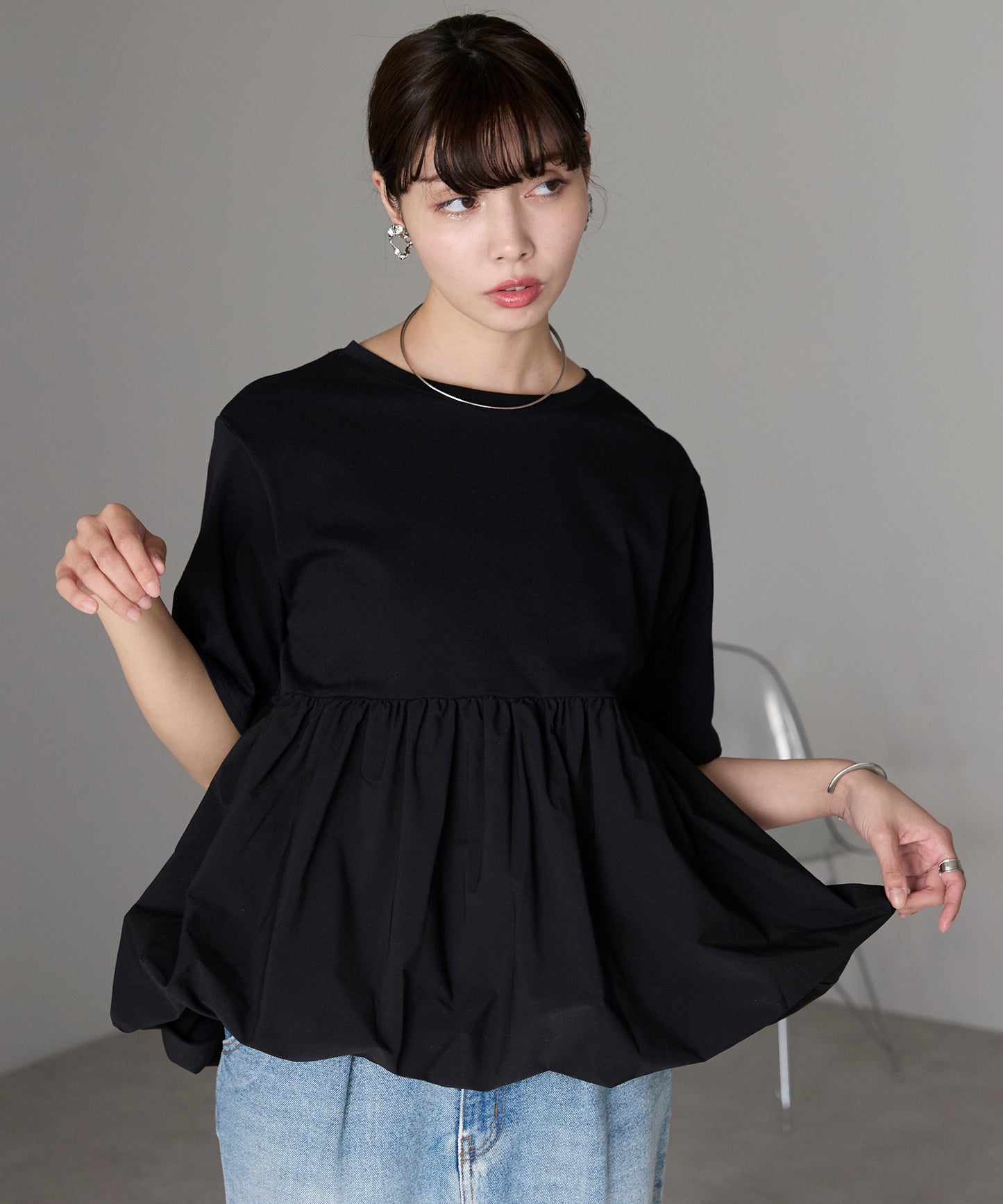 Mixed material balloon hem tops 異素材バルーントップス