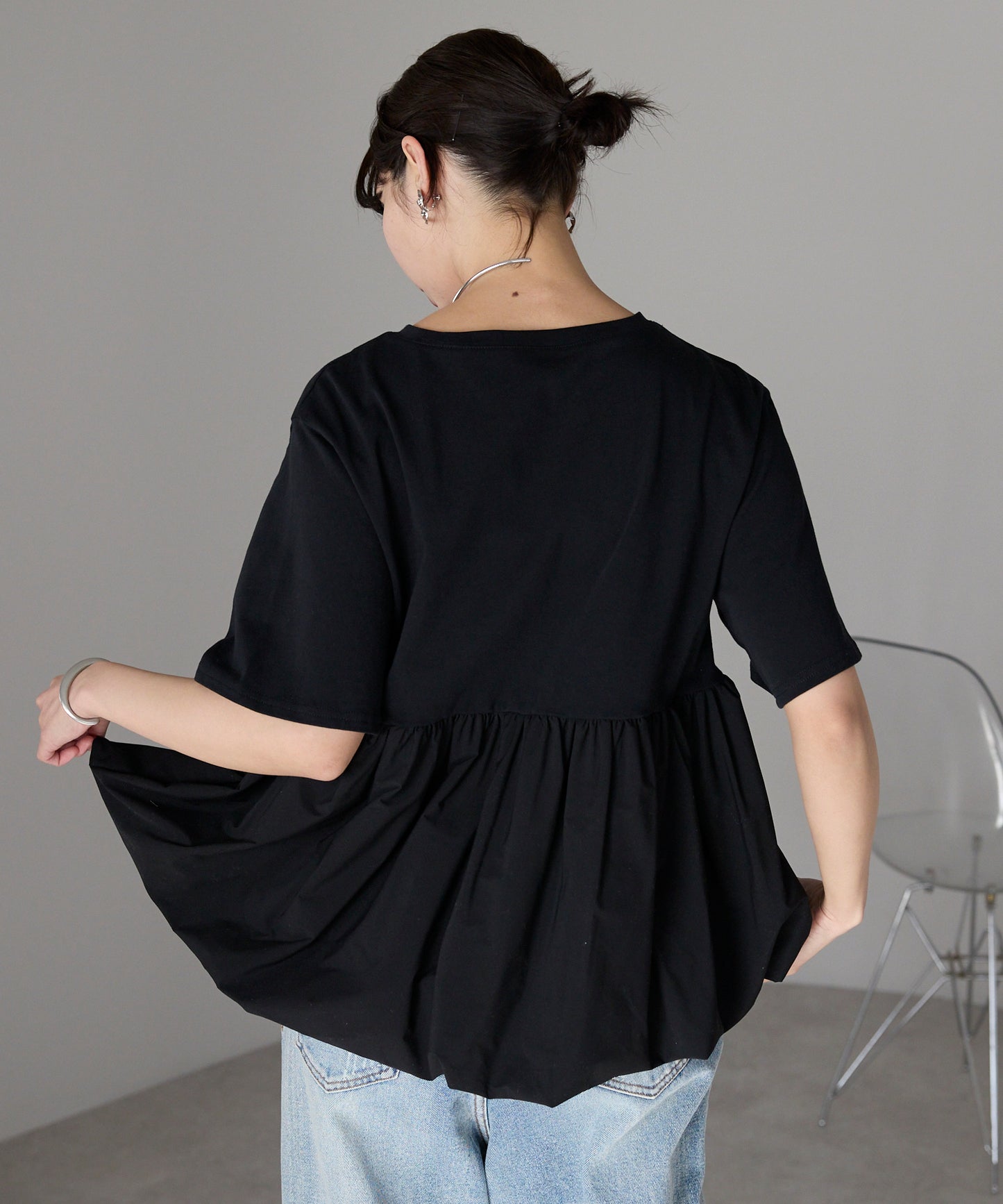 Mixed material balloon hem tops 異素材バルーントップス