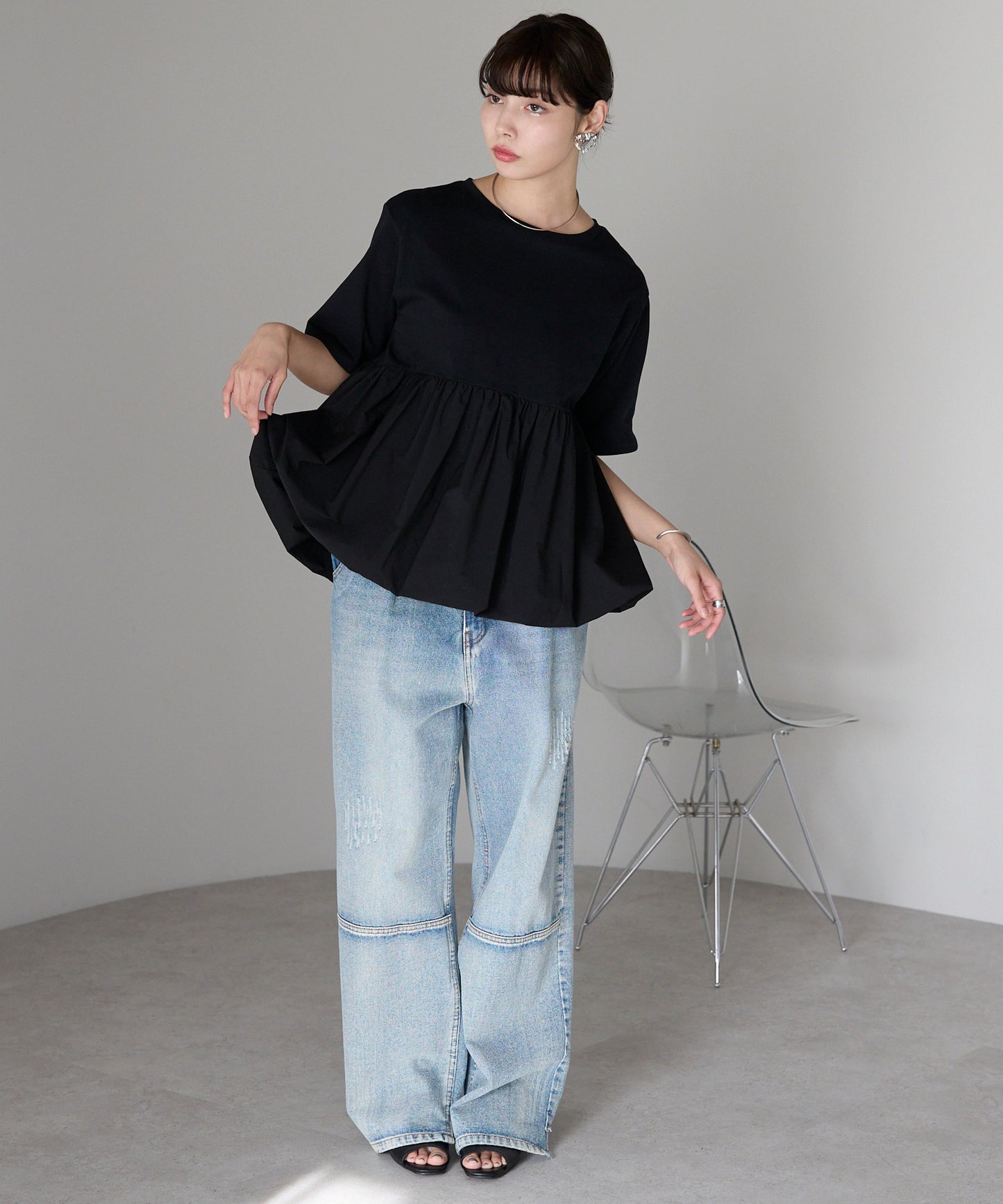 Mixed material balloon hem tops 異素材バルーントップス