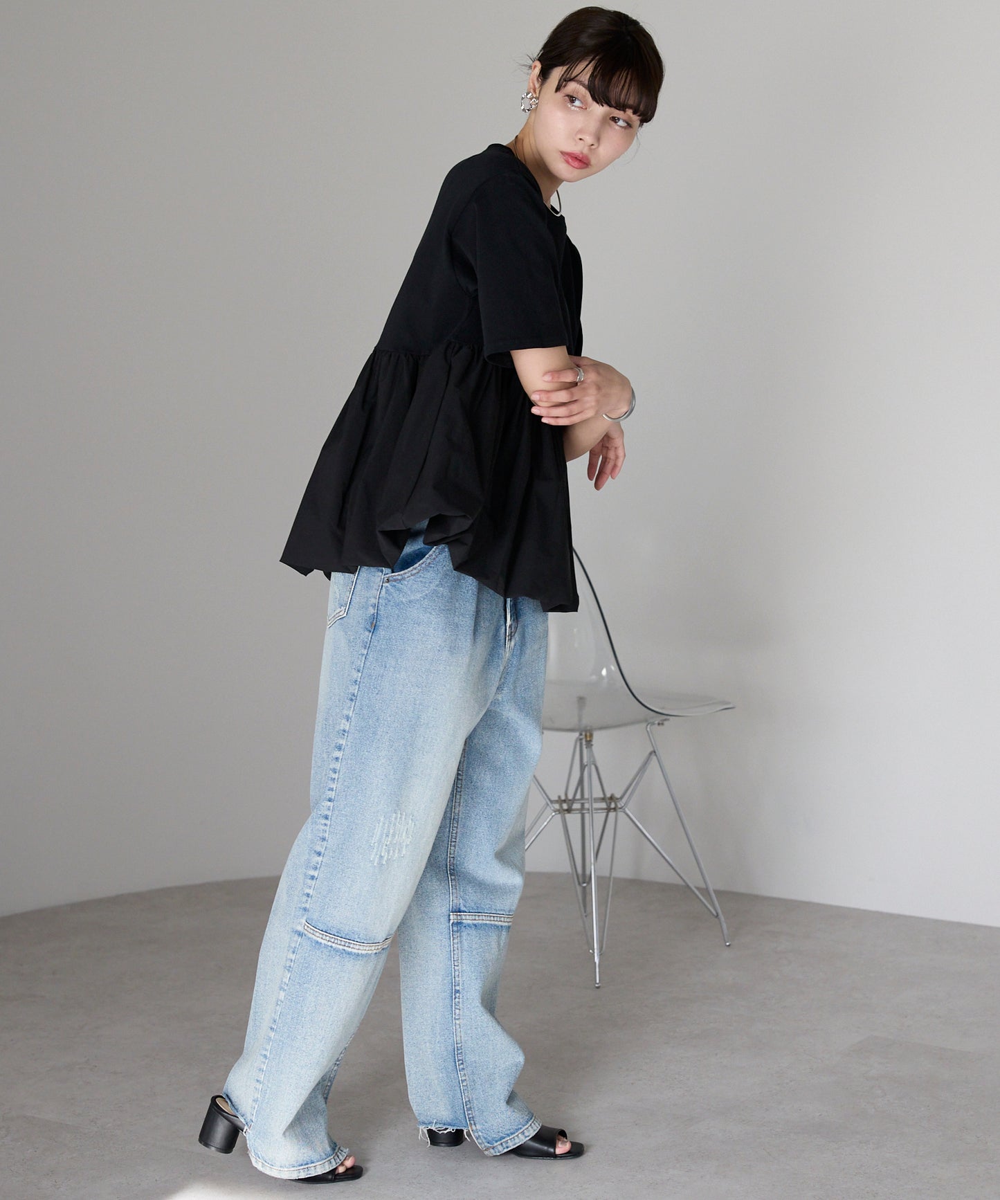 Mixed material balloon hem tops 異素材バルーントップス