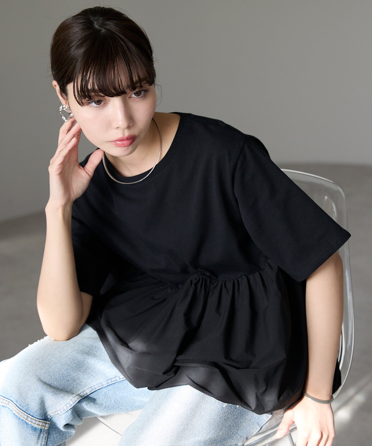 Mixed material balloon hem tops 異素材バルーントップス