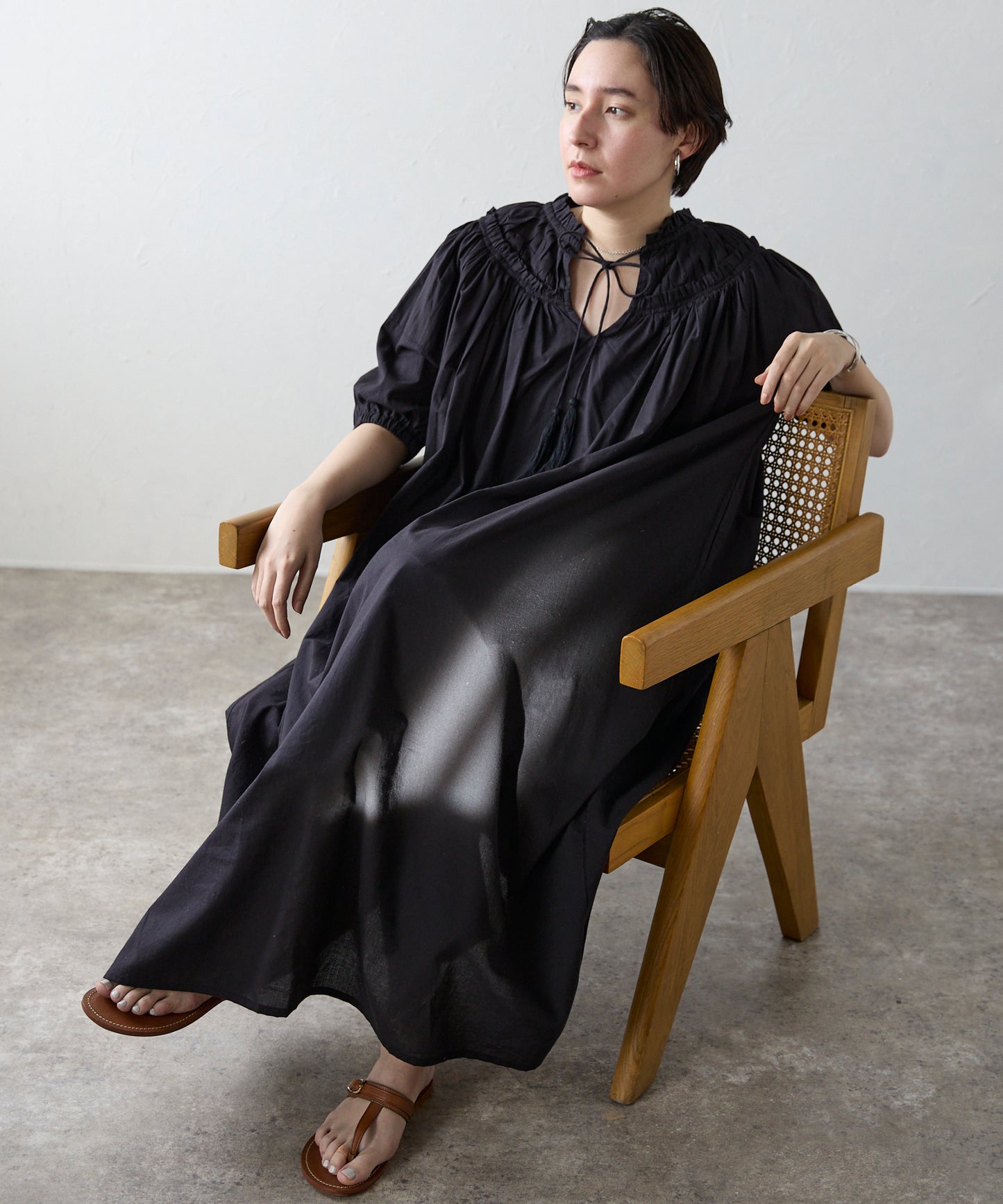 Indian cambric neck gather frill one-piece　インドキャンブリックネックギャザーフリルワンピ