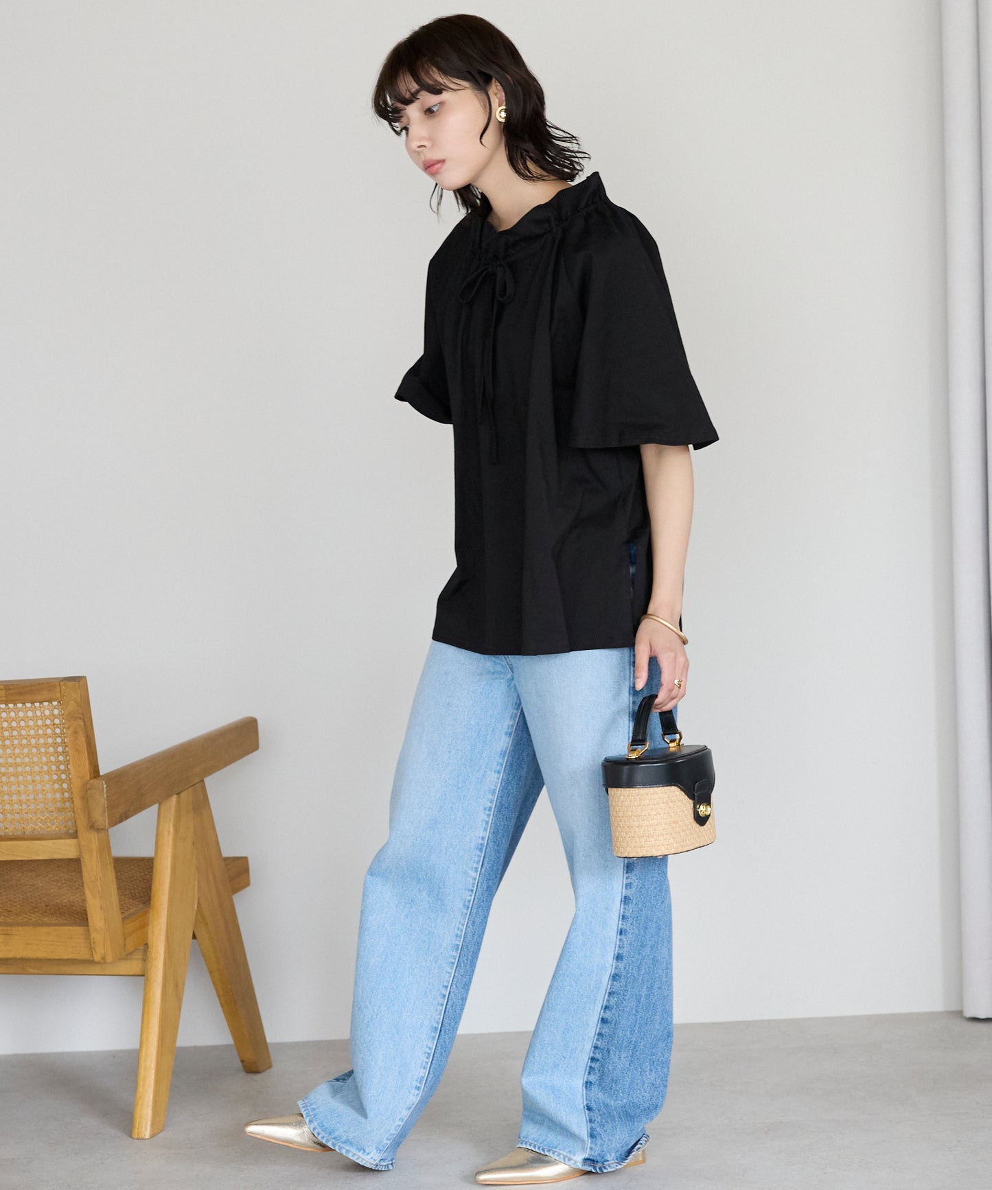 Drawstring ribbon tops　ドロストリボントップス