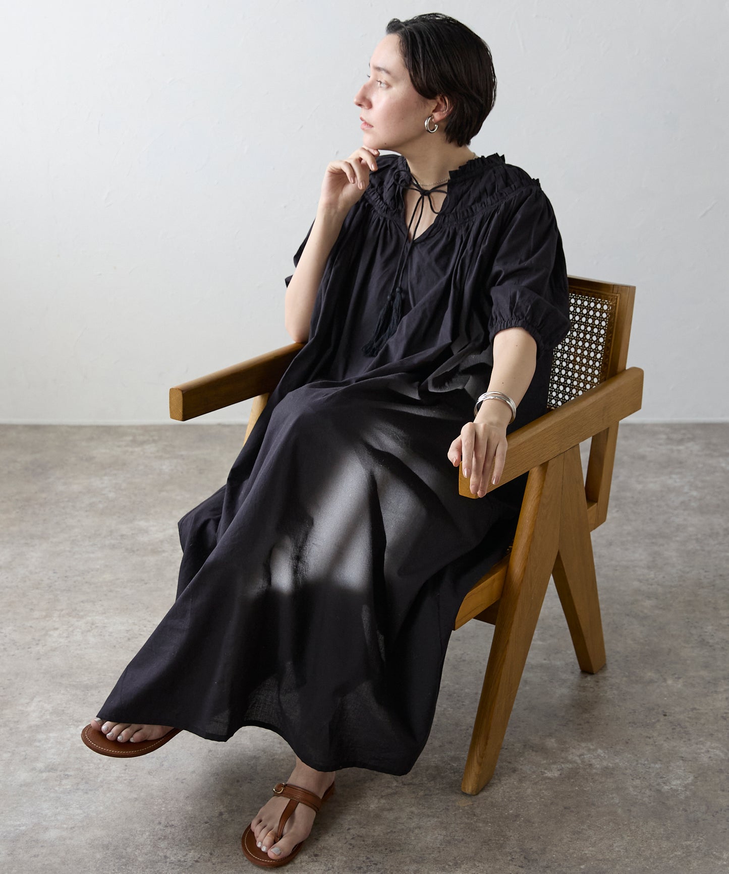 Indian cambric neck gather frill one-piece　インドキャンブリックネックギャザーフリルワンピ